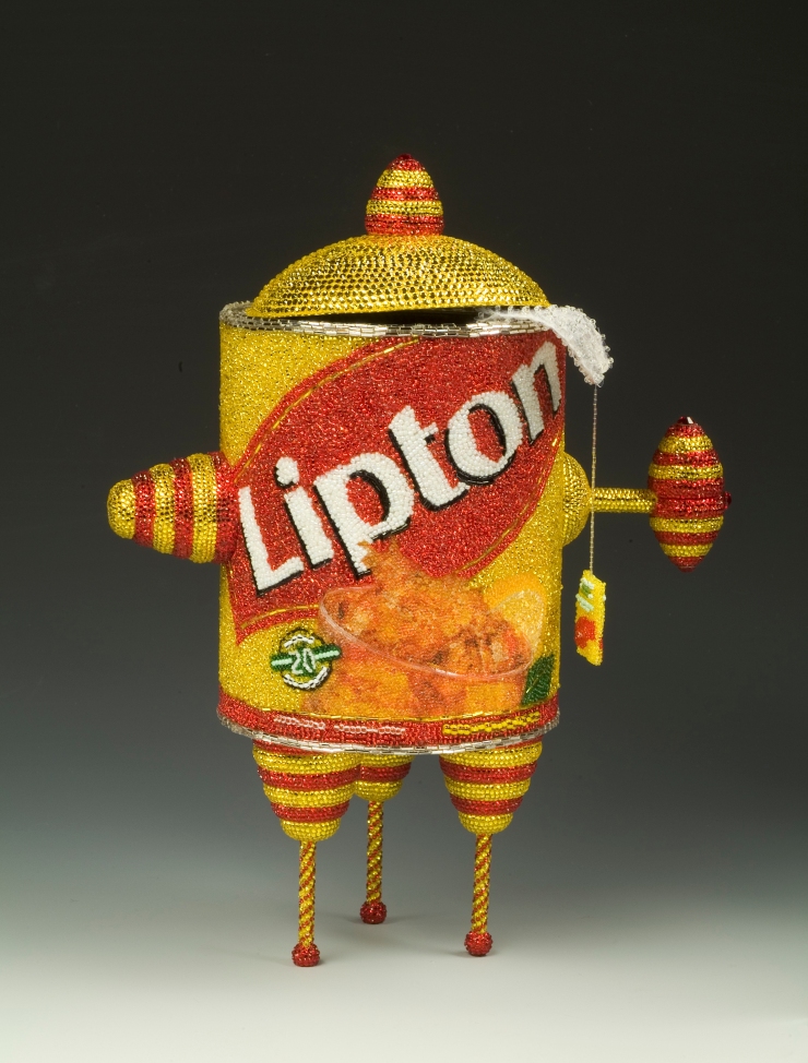 Lipton Tea Pot and Tea Bag Linda Dolack Glass Beads Swarovski Rhinestones Sculpture Mixed Media Art